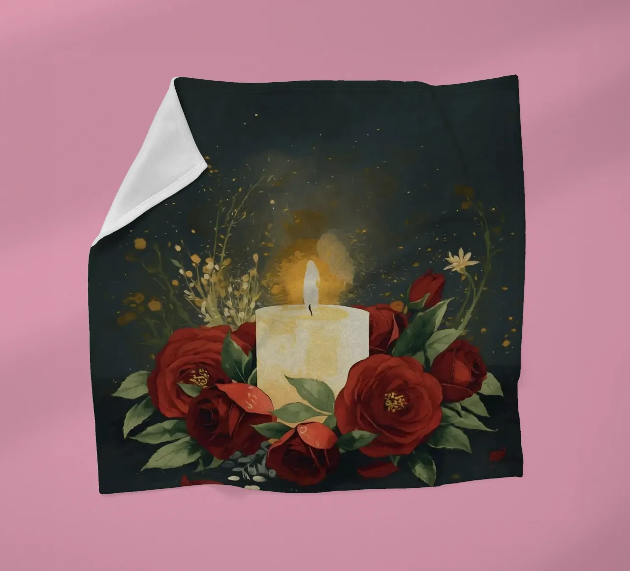 Pittura digitale di rose rosse e candele bianche coperta in pile da Bloom And Brush