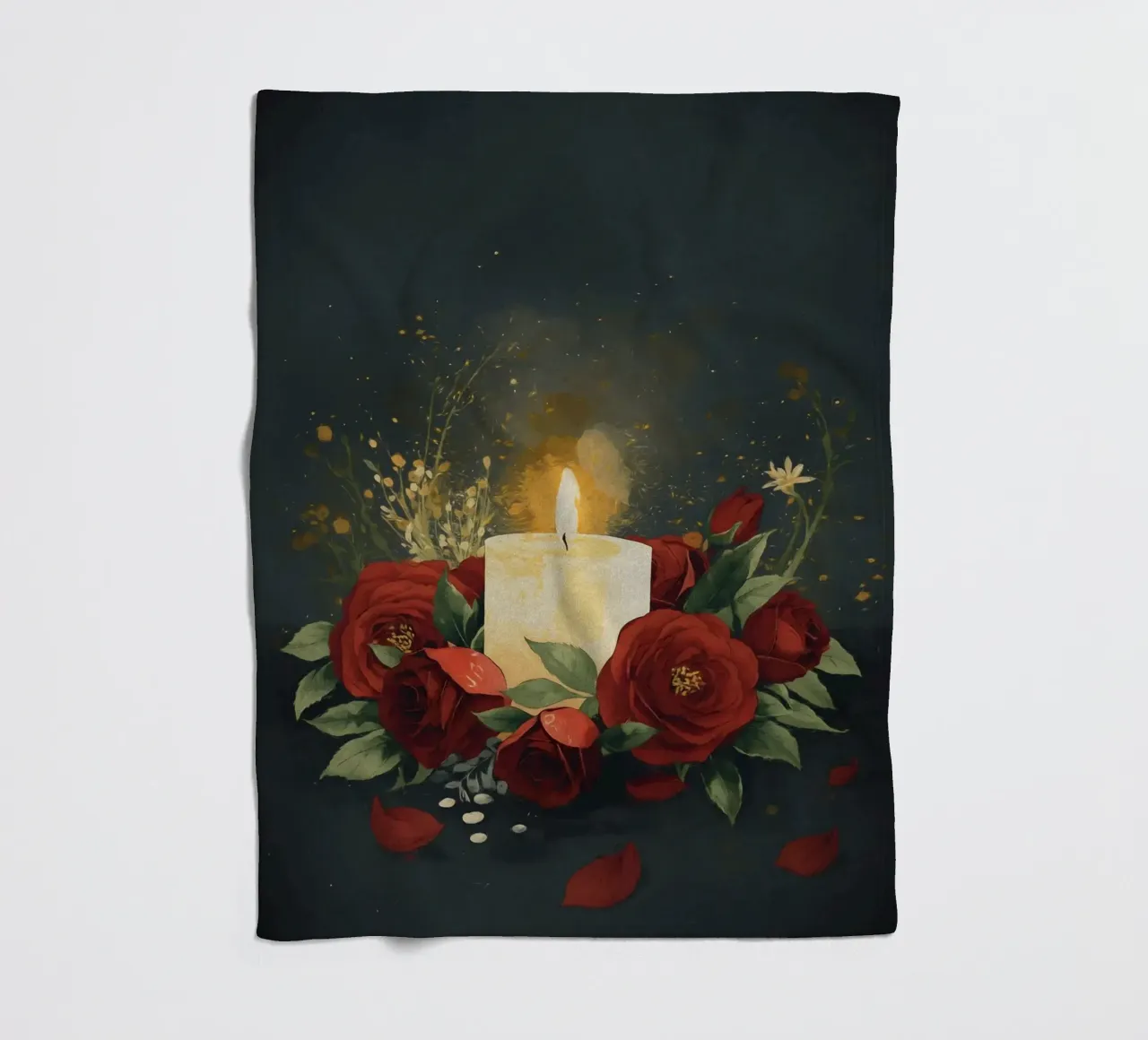Pittura digitale di rose rosse e candele bianche coperta in pile da Bloom And Brush