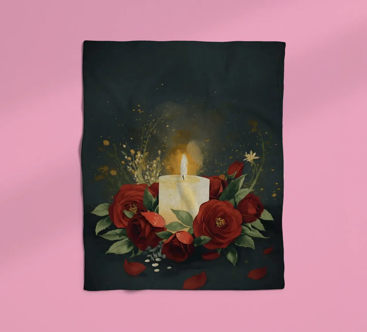 Pittura digitale di rose rosse e candele bianche coperta in pile da Bloom And Brush