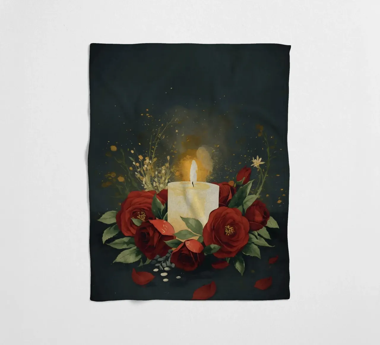 Pittura digitale di rose rosse e candele bianche coperta in pile da Bloom And Brush