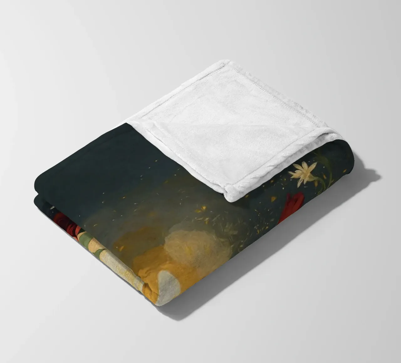 Pittura digitale di rose rosse e candele bianche coperta in pile da Bloom And Brush