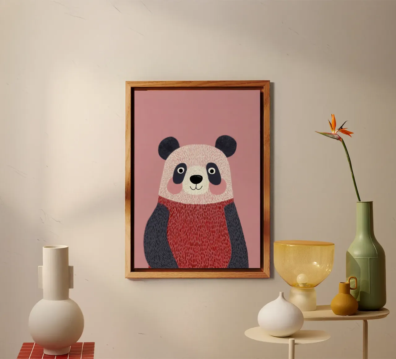 Illustrazione di un panda carino con maglione rosso alluminio dibond da Atelier Ballon