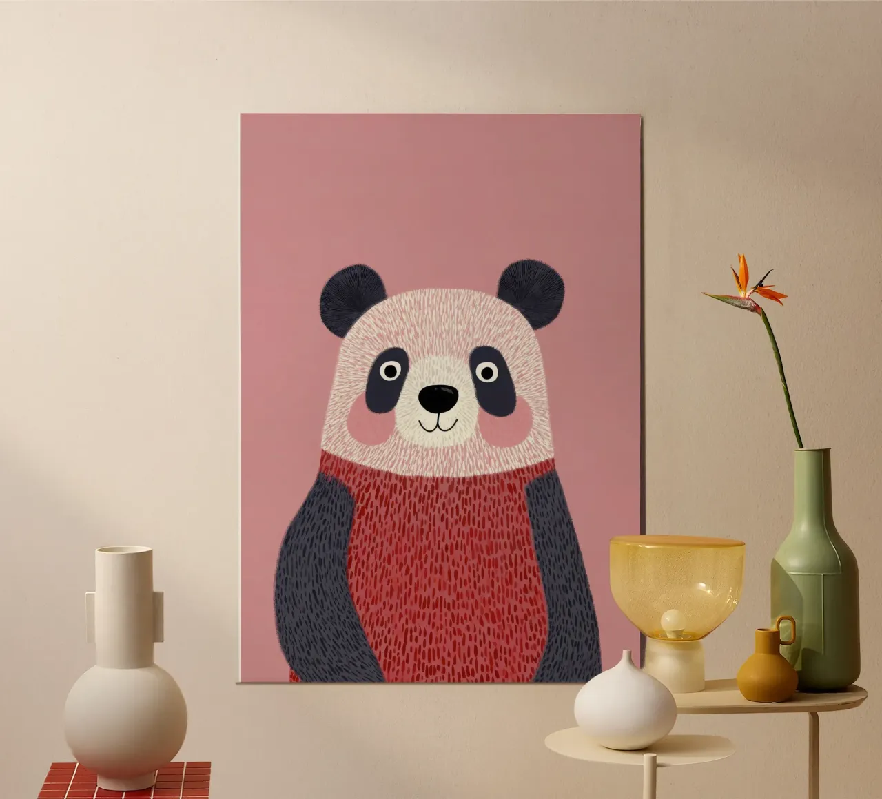 Illustrazione di un panda carino con maglione rosso alluminio dibond da Atelier Ballon