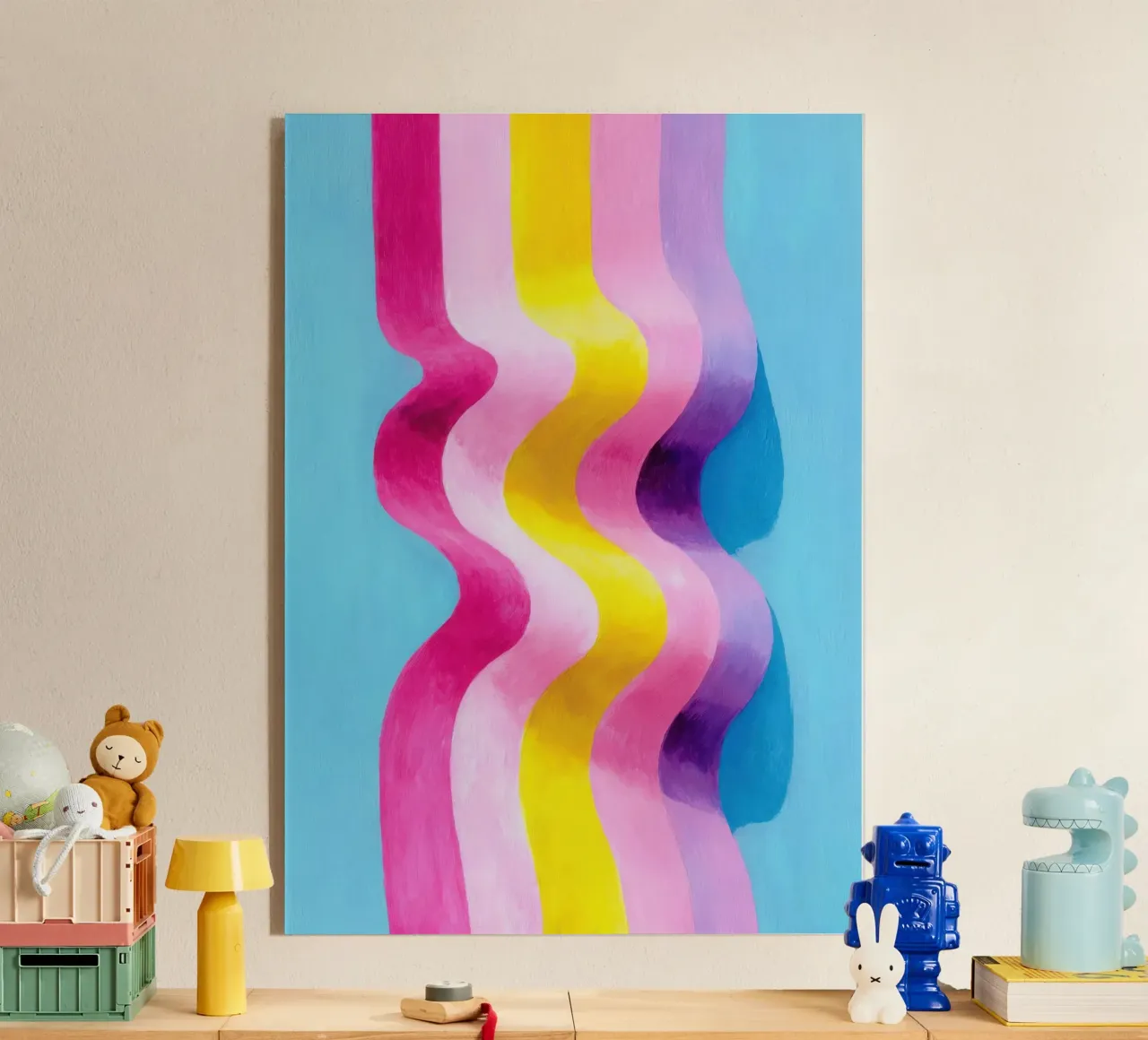 Art abstrait de la vague en rose, jaune & bleu plexiglas de Nikis Art Studio