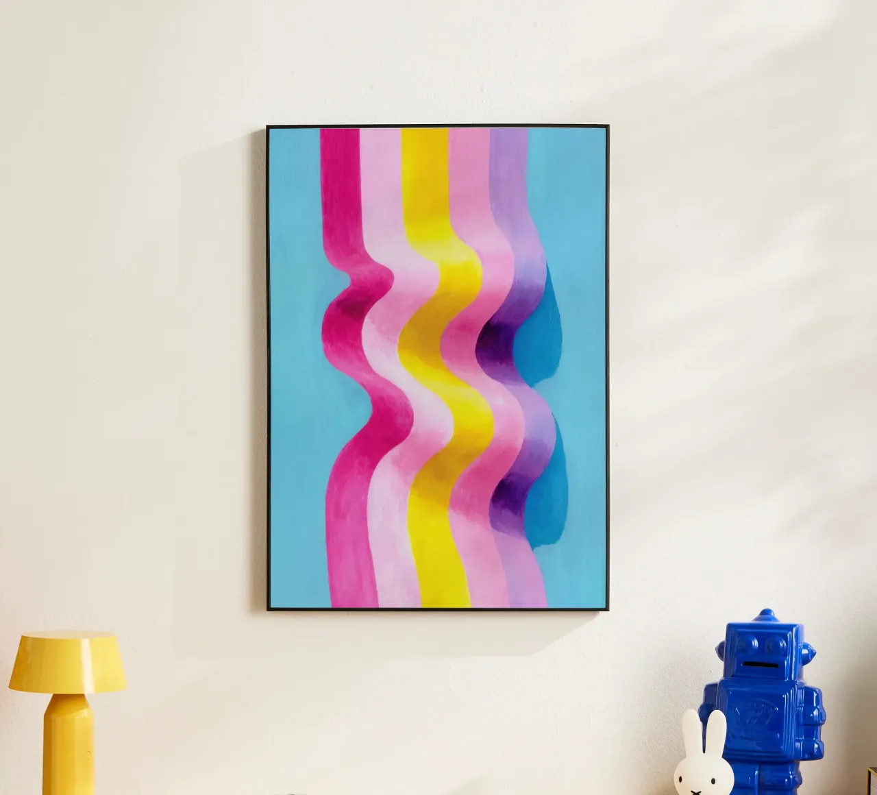 Art abstrait de la vague en rose, jaune & bleu alu dibond de Nikis Art Studio
