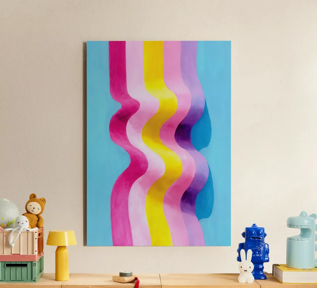 Art abstrait de la vague en rose, jaune & bleu alu dibond de Nikis Art Studio