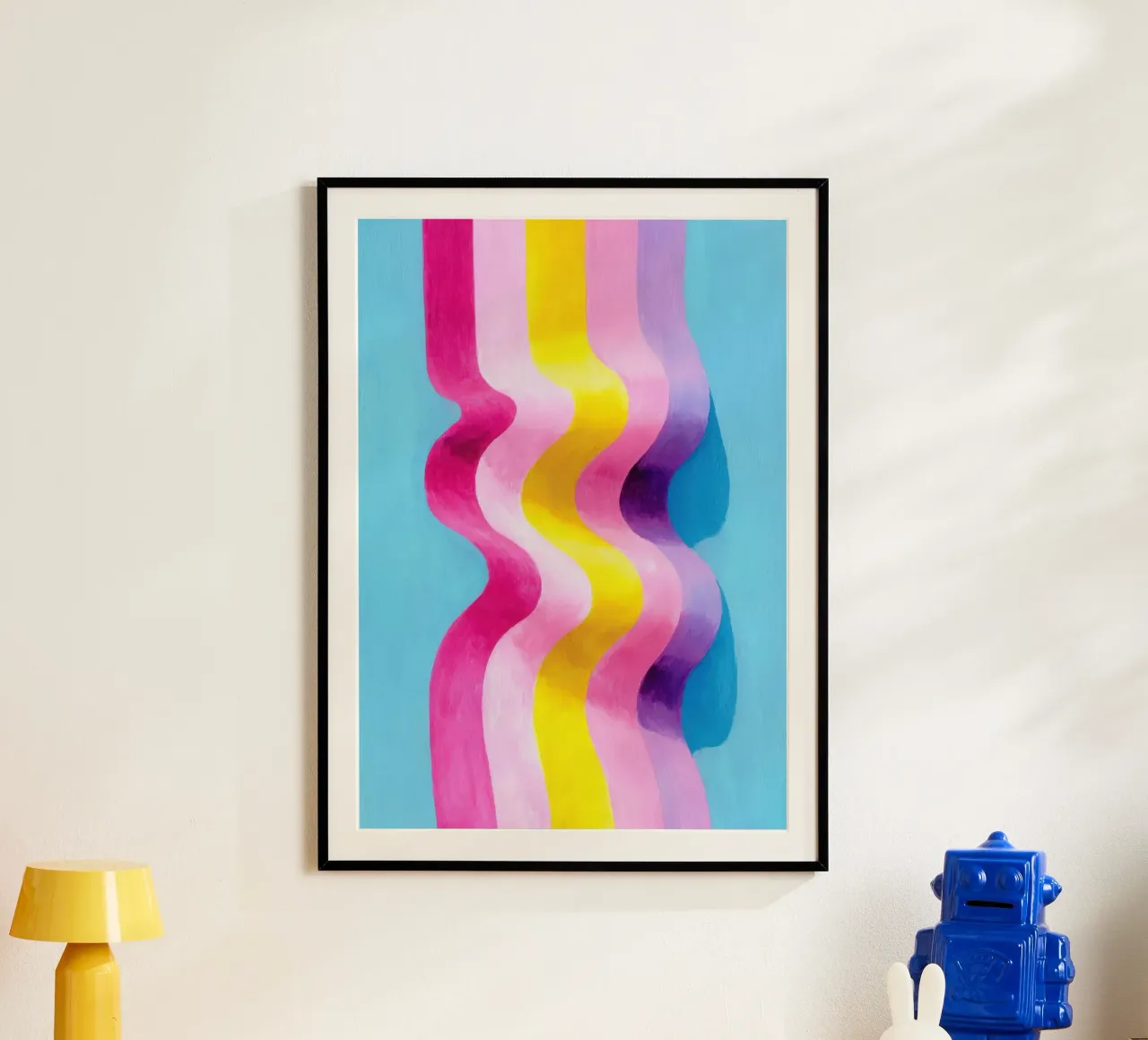 Art abstrait de la vague en rose, jaune & bleu hahnemühle de Nikis Art Studio