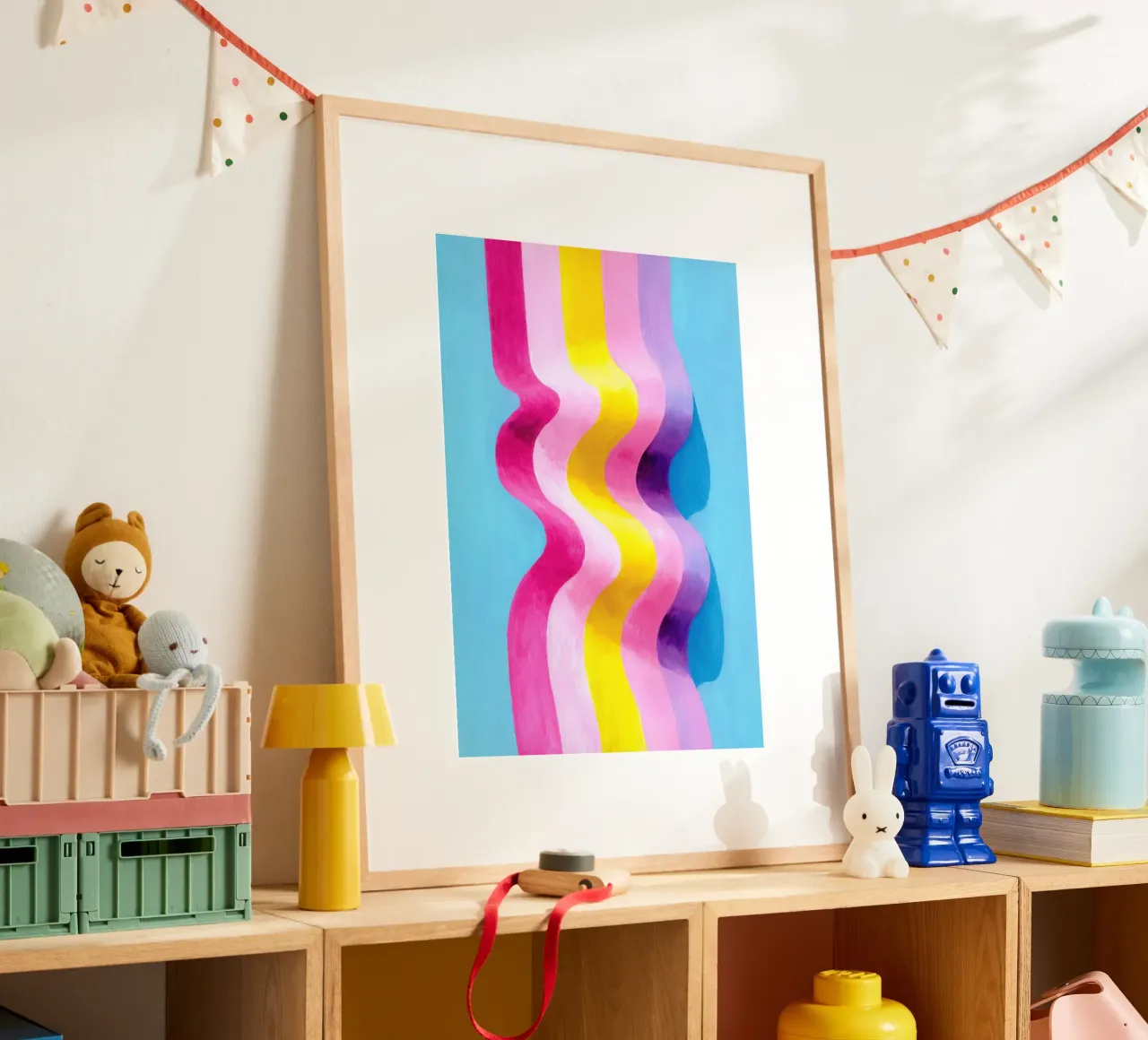 Art abstrait de la vague en rose, jaune & bleu hahnemühle de Nikis Art Studio