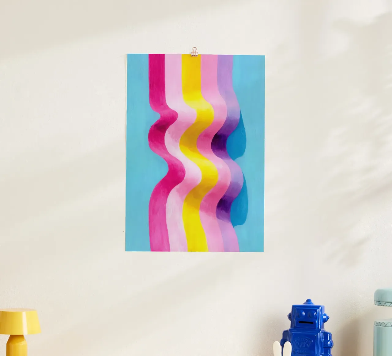 Art abstrait de la vague en rose, jaune & bleu hahnemühle de Nikis Art Studio