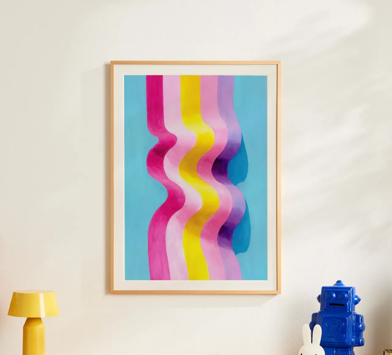 Art abstrait de la vague en rose, jaune & bleu hahnemühle de Nikis Art Studio