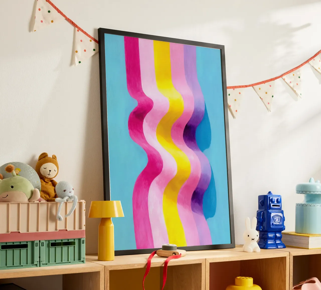 Art abstrait de la vague en rose, jaune & bleu hahnemühle de Nikis Art Studio