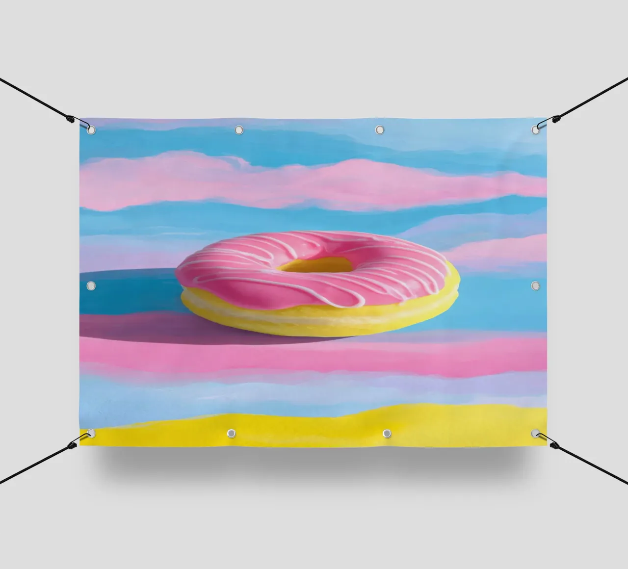 Schwebender Donut in Pink & Gelb PVC Plane von Nikis Art Studio