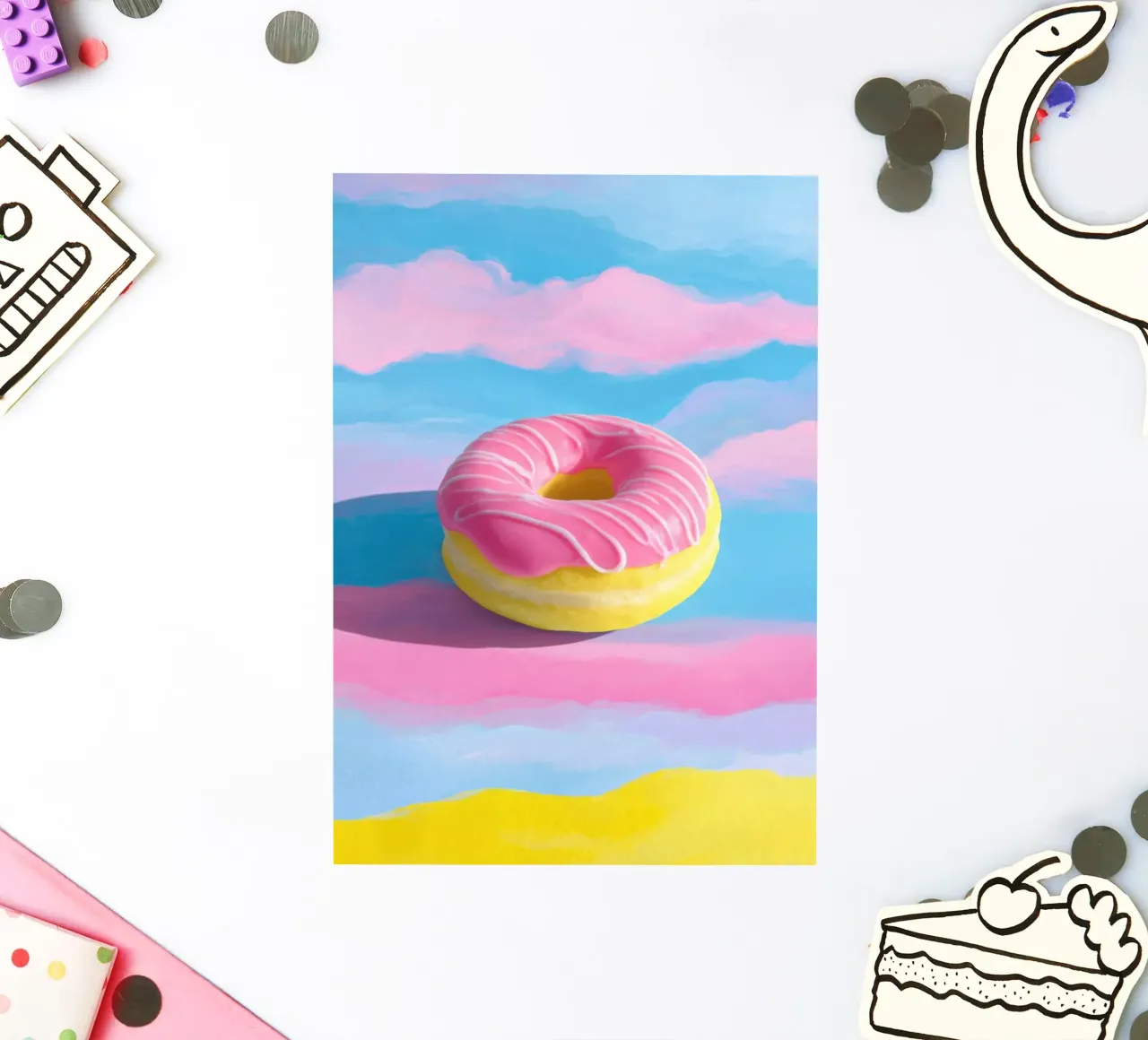 Donut flottant rose & jaune autocollant de Nikis Art Studio