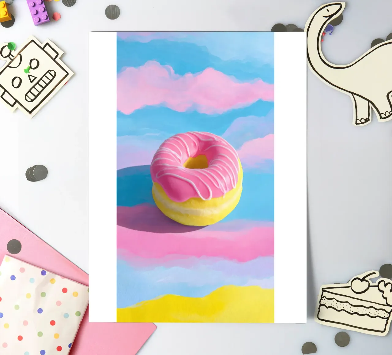 Donut flottant rose & jaune planche autocollant de Nikis Art Studio