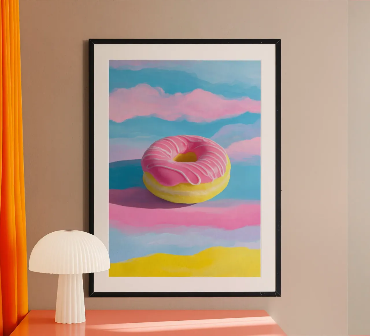 Schwebender Donut in Pink & Gelb Hahnemühle von Nikis Art Studio