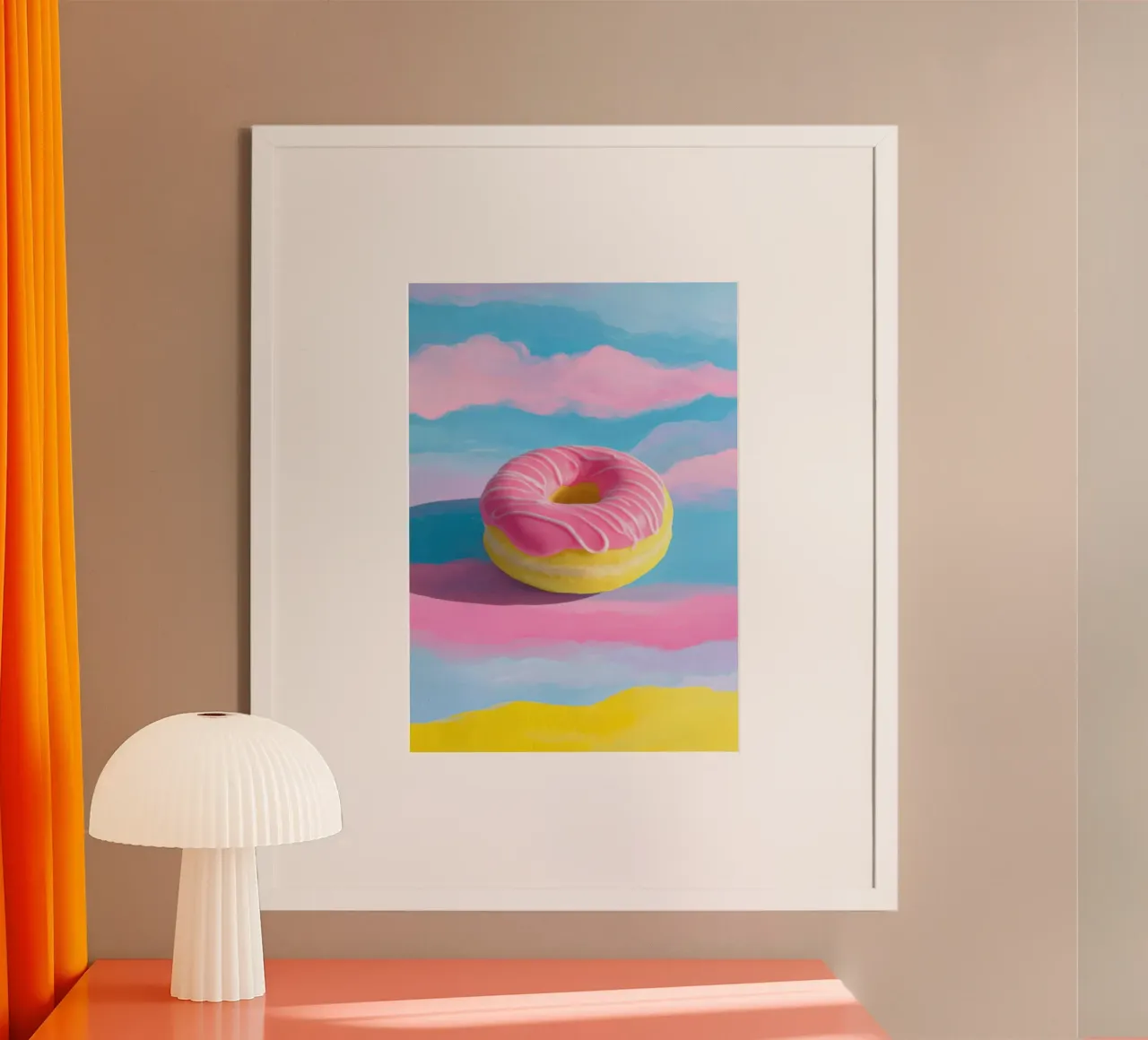 Schwebender Donut in Pink & Gelb Hahnemühle von Nikis Art Studio