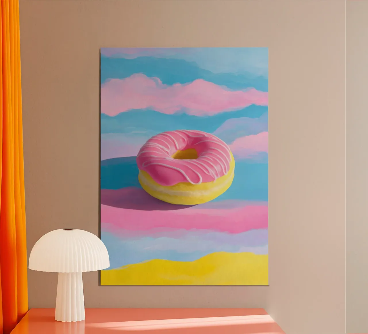 Schwebender Donut in Pink & Gelb Hahnemühle von Nikis Art Studio