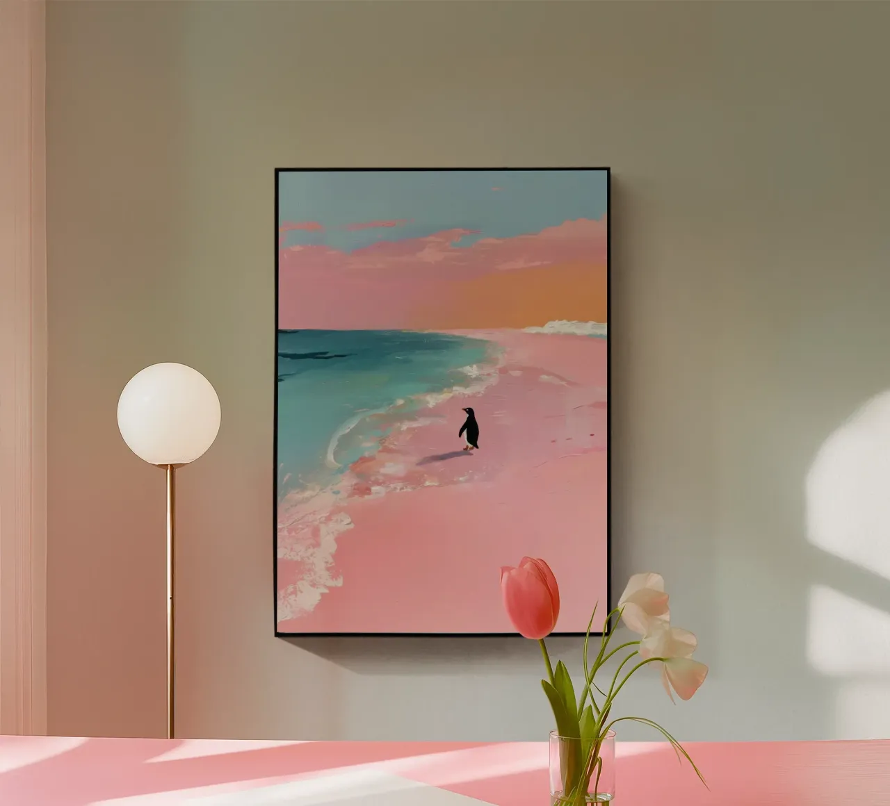 Pinguino minimalista sulla spiaggia plexiglass da Calm Shapes