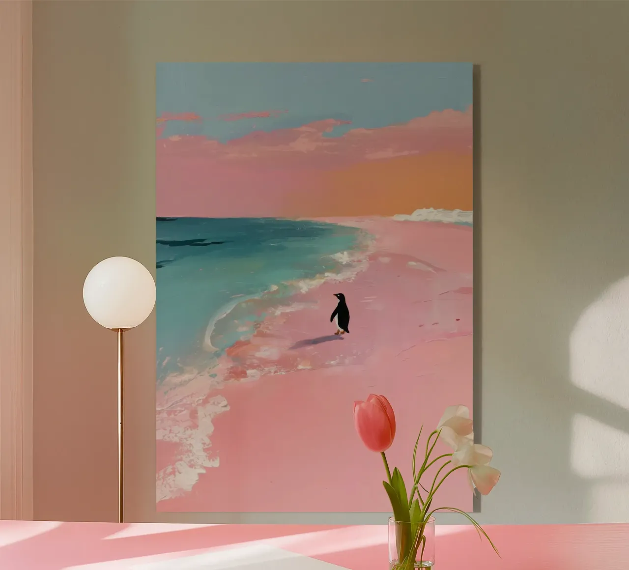 Pinguino minimalista sulla spiaggia plexiglass da Calm Shapes