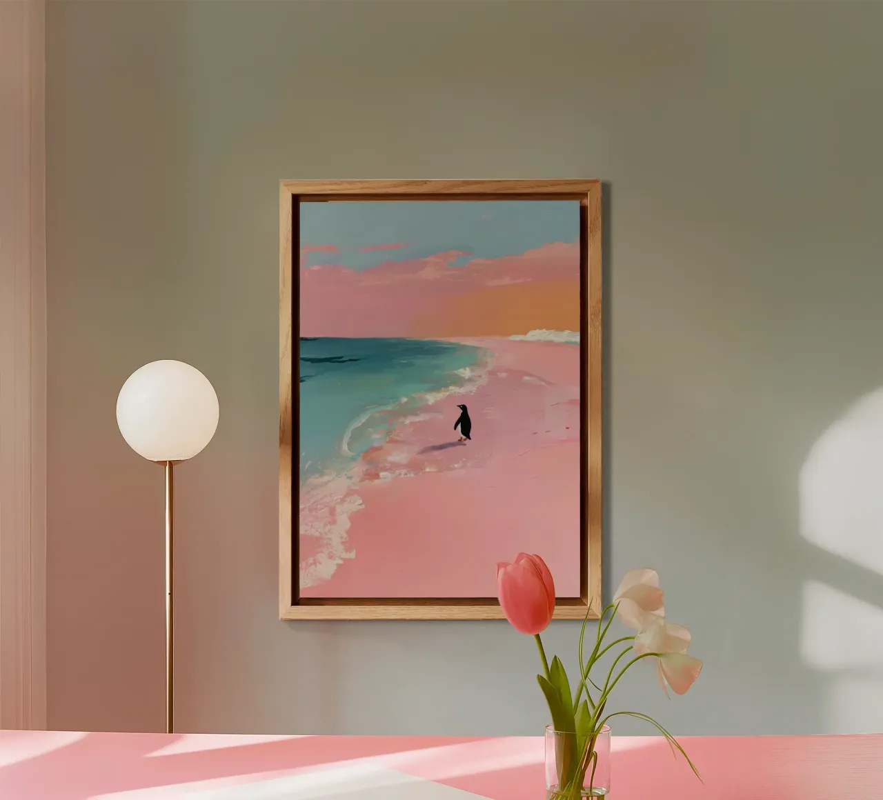 Pinguino minimalista sulla spiaggia alluminio dibond da Calm Shapes