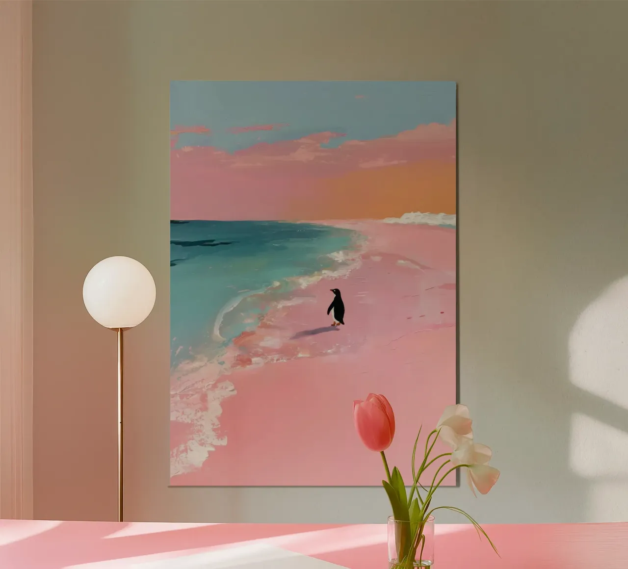 Pinguino minimalista sulla spiaggia alluminio dibond da Calm Shapes