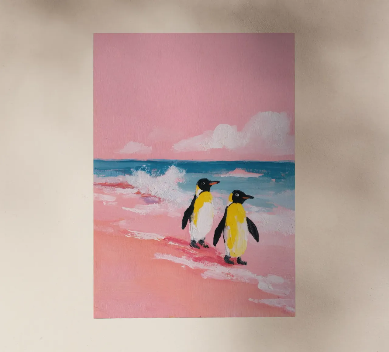 Pinguino minimalista sulla spiaggia rosa pellicola backlit da Nikis Art Studio