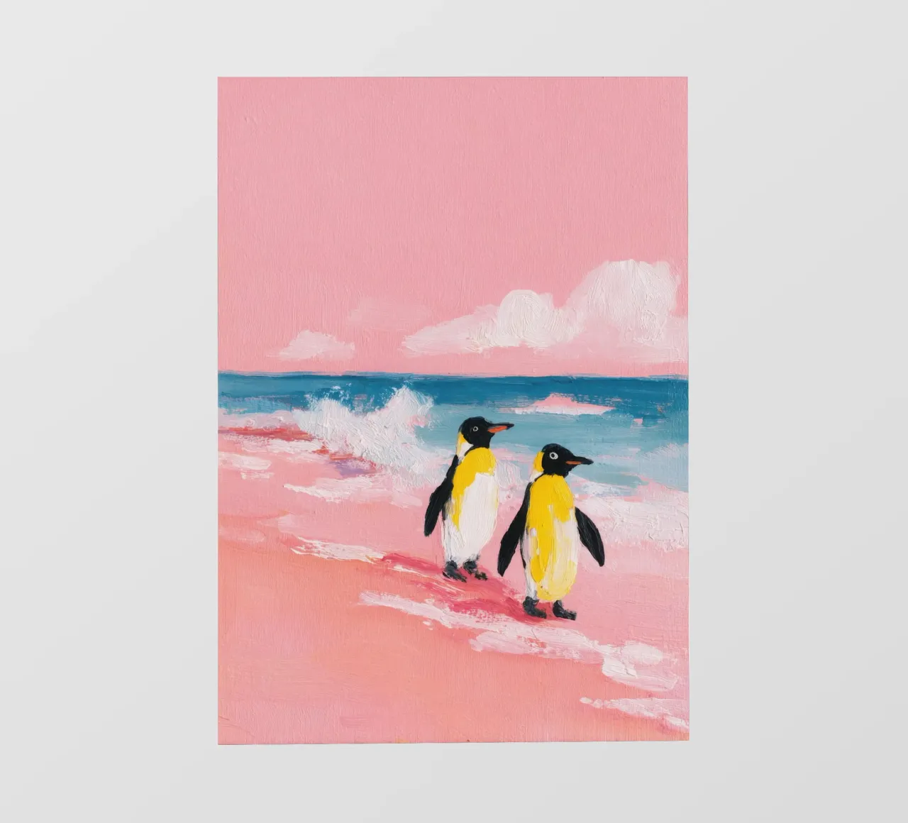 Pinguino minimalista sulla spiaggia rosa pellicola backlit da Nikis Art Studio