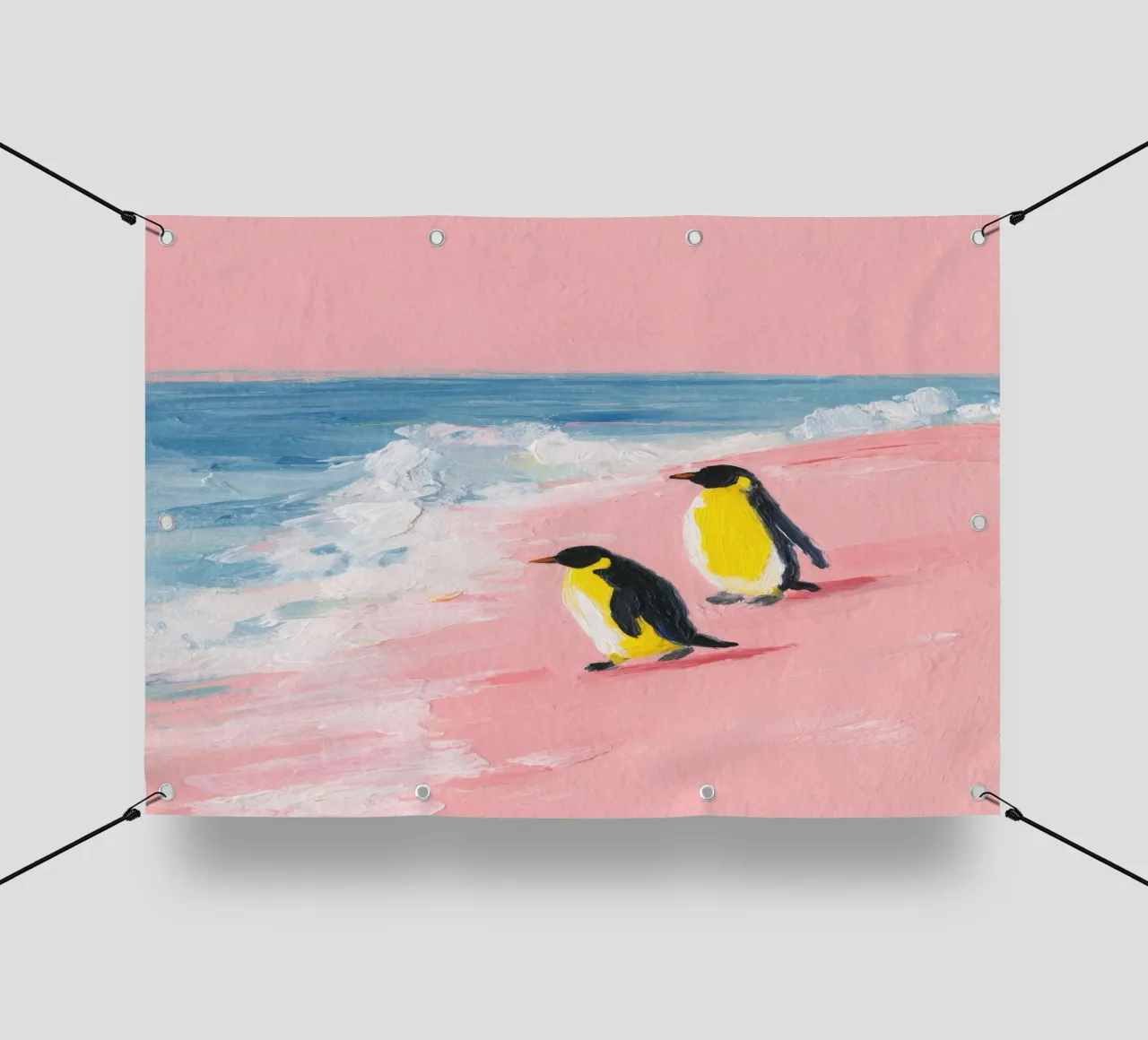 Pinguini minimalisti sulla spiaggia rosa telo in pvc da Calm Shapes