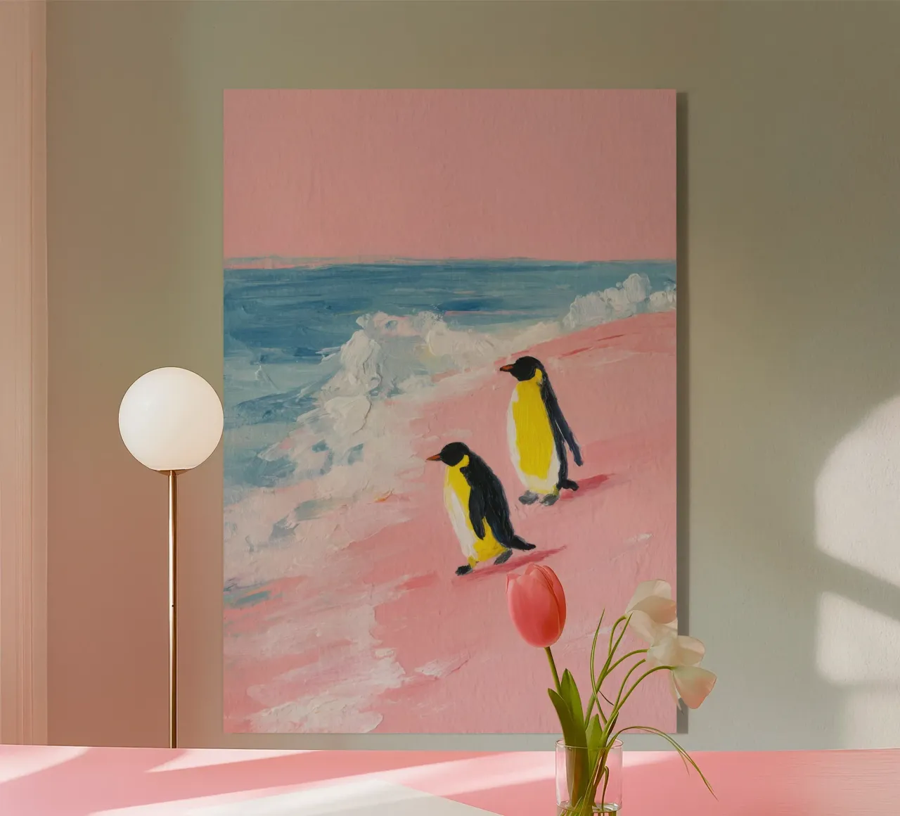 Pinguini minimalisti sulla spiaggia rosa plexiglass da Calm Shapes