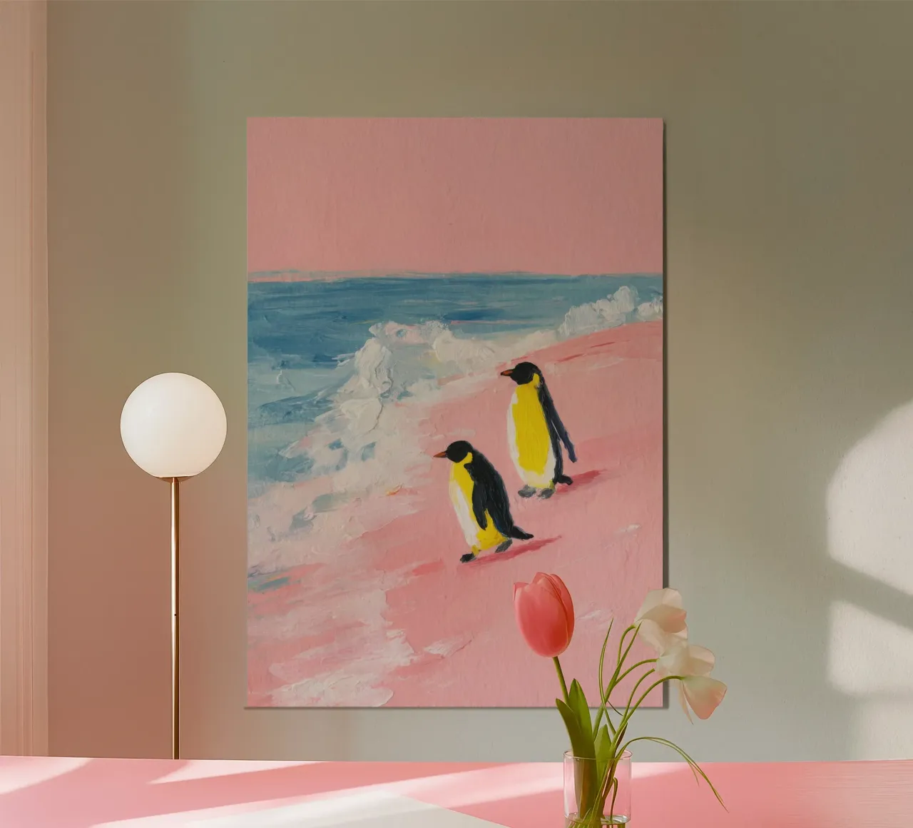 Pinguini minimalisti sulla spiaggia rosa alluminio dibond da Calm Shapes
