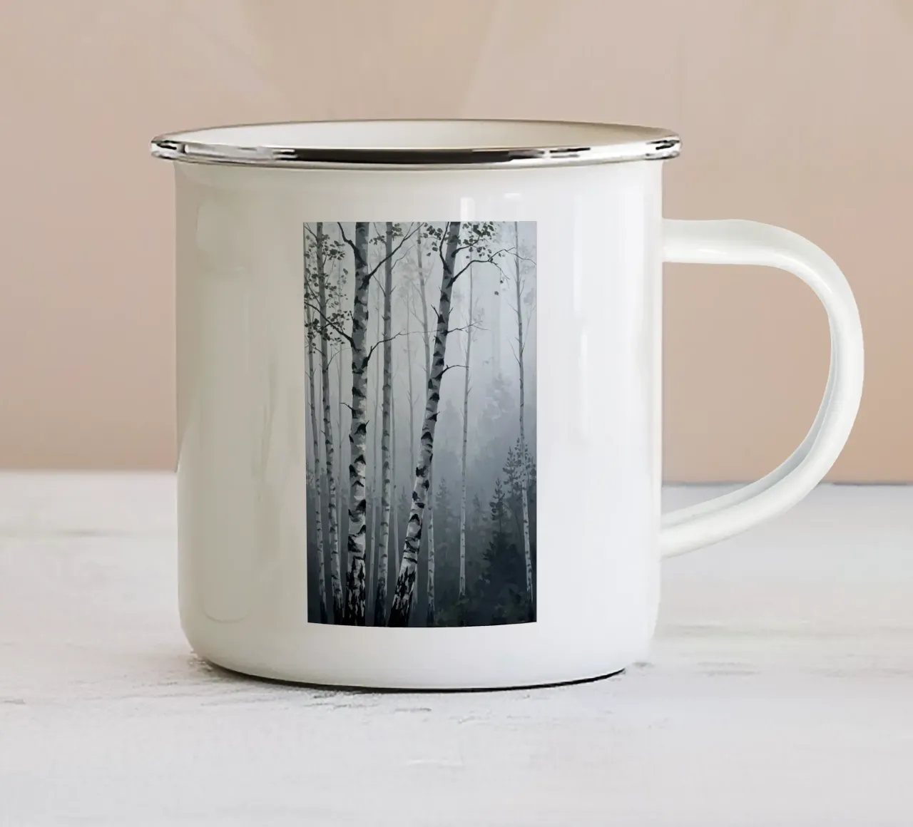 Mattina nebbiosa Boschetto di betulle tazza in smalto da Artistic-shop