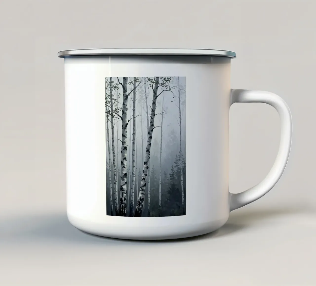 Mattina nebbiosa Boschetto di betulle tazza in smalto da Artistic-shop