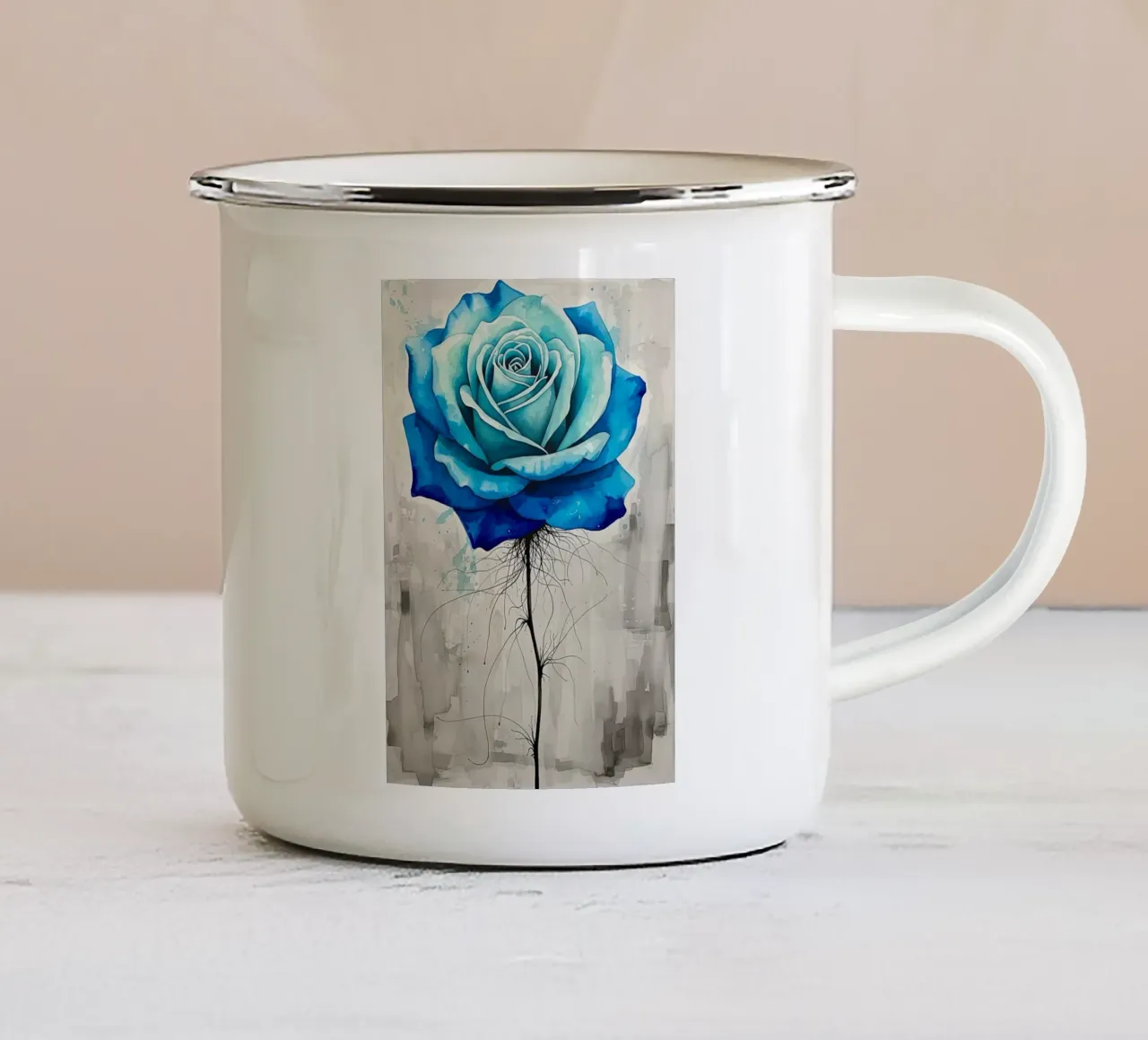 Fioritura azzurra incantata: Una luminosa rosa blu tazza in smalto da Artistic-shop