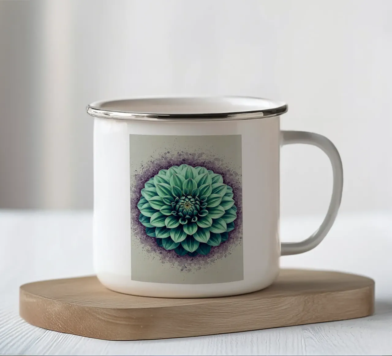 Sogno di dalia verde acqua: Illustrazione ad acquerello e inchiostro di un profumo tazza in smalto da Artistic-shop