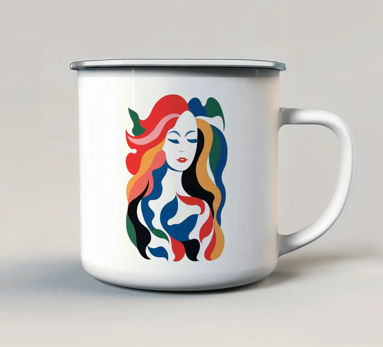 Ritratto astratto e colorato di una donna tazza in smalto da Autofocus