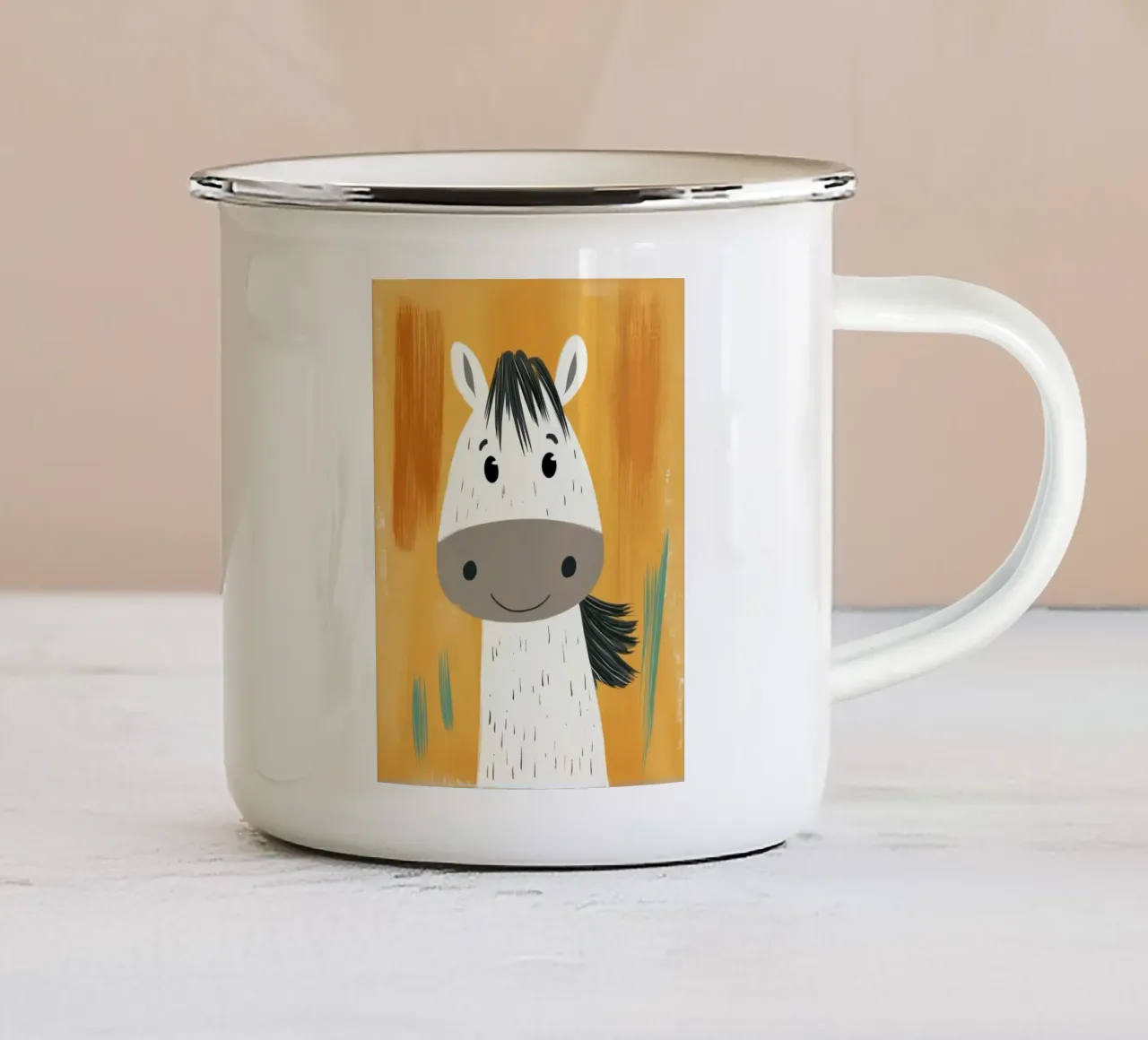 Illustrazione di un cavallo sorridente tazza in smalto da Damion Francis