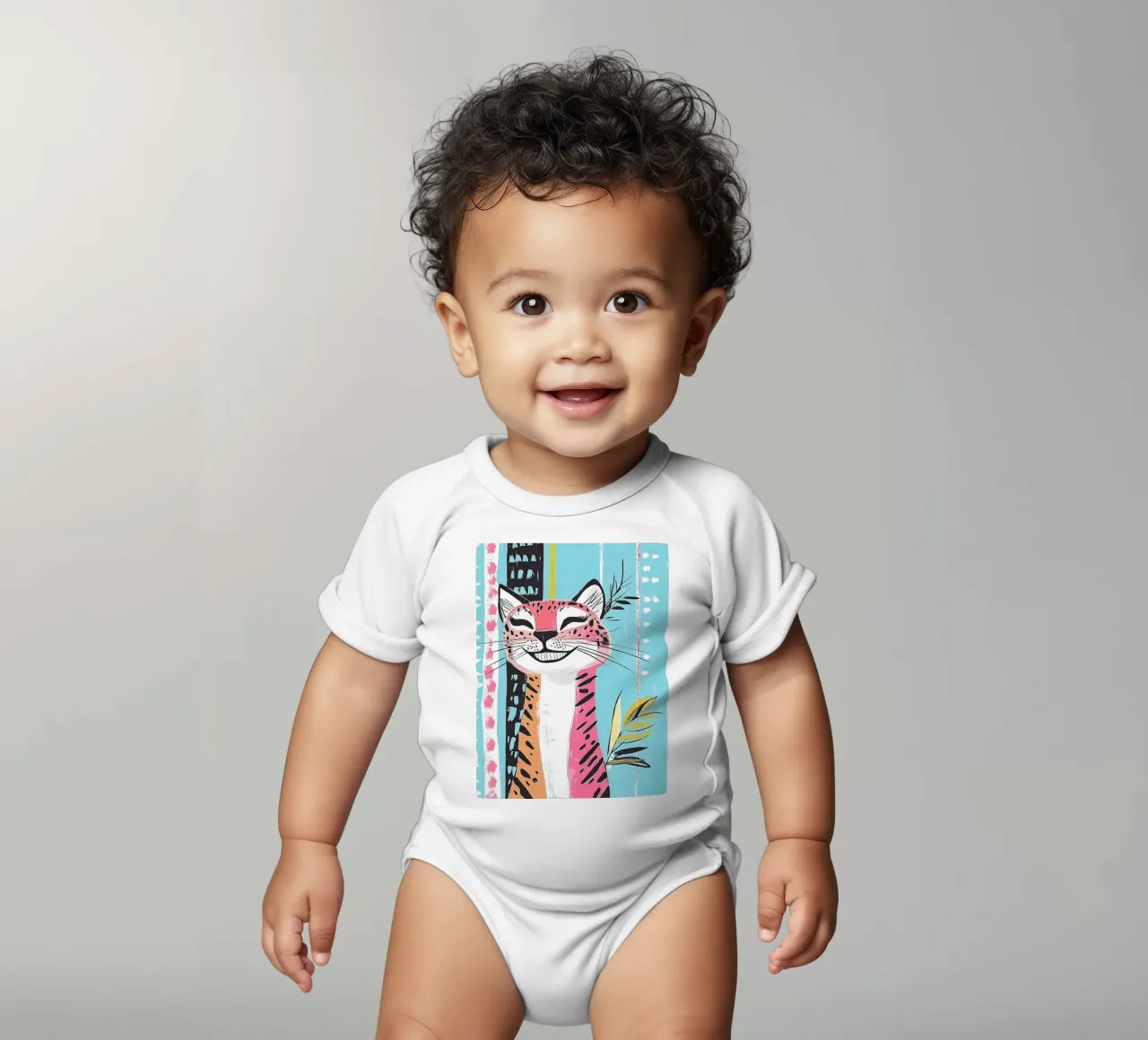 Smiling Leopard Print Cat short-sleeve baby romper by Damion Francis