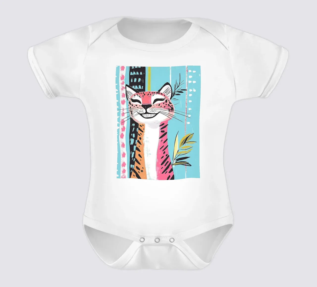 Smiling Leopard Print Cat short-sleeve baby romper by Damion Francis
