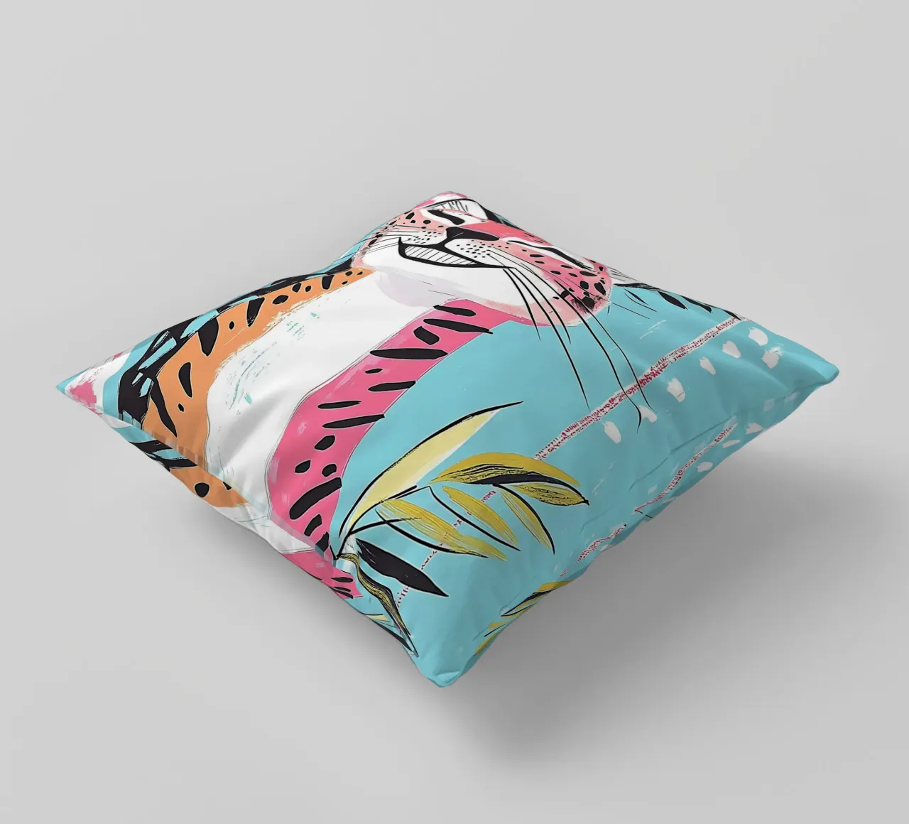 Smiling Leopard Print Cat decorative cushion by Damion Francis
