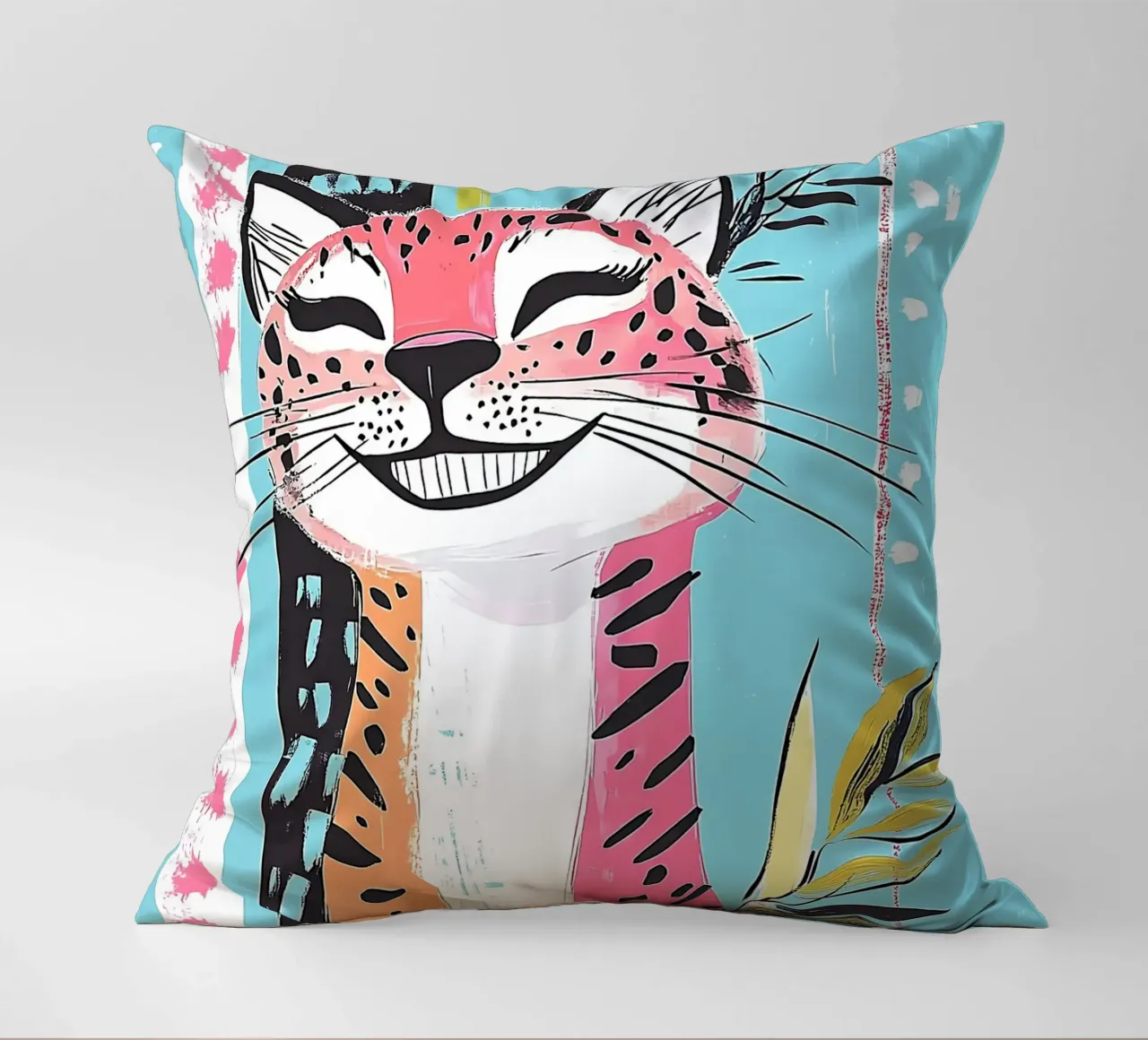 Smiling Leopard Print Cat decorative cushion by Damion Francis