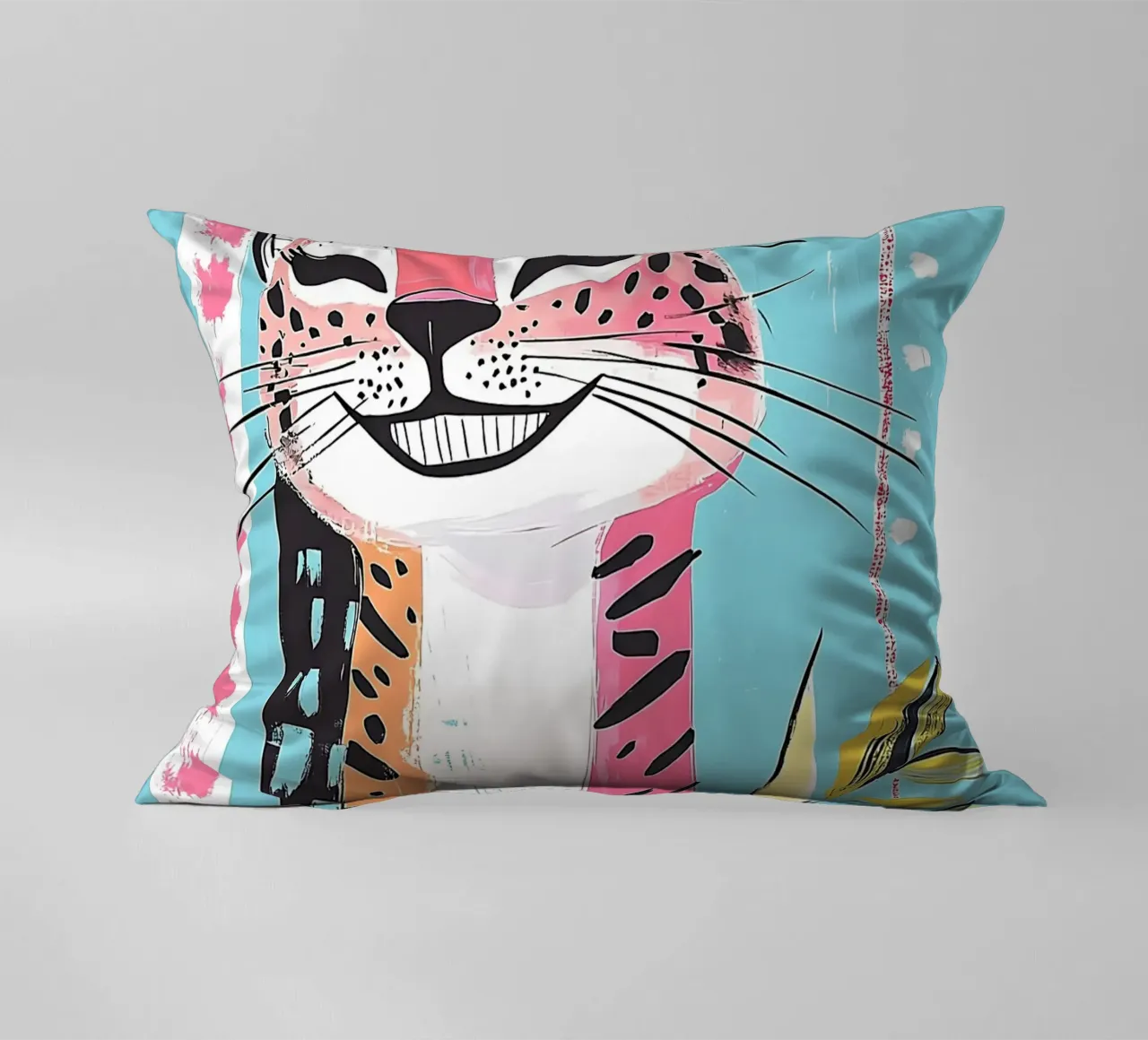 Smiling Leopard Print Cat decorative cushion by Damion Francis
