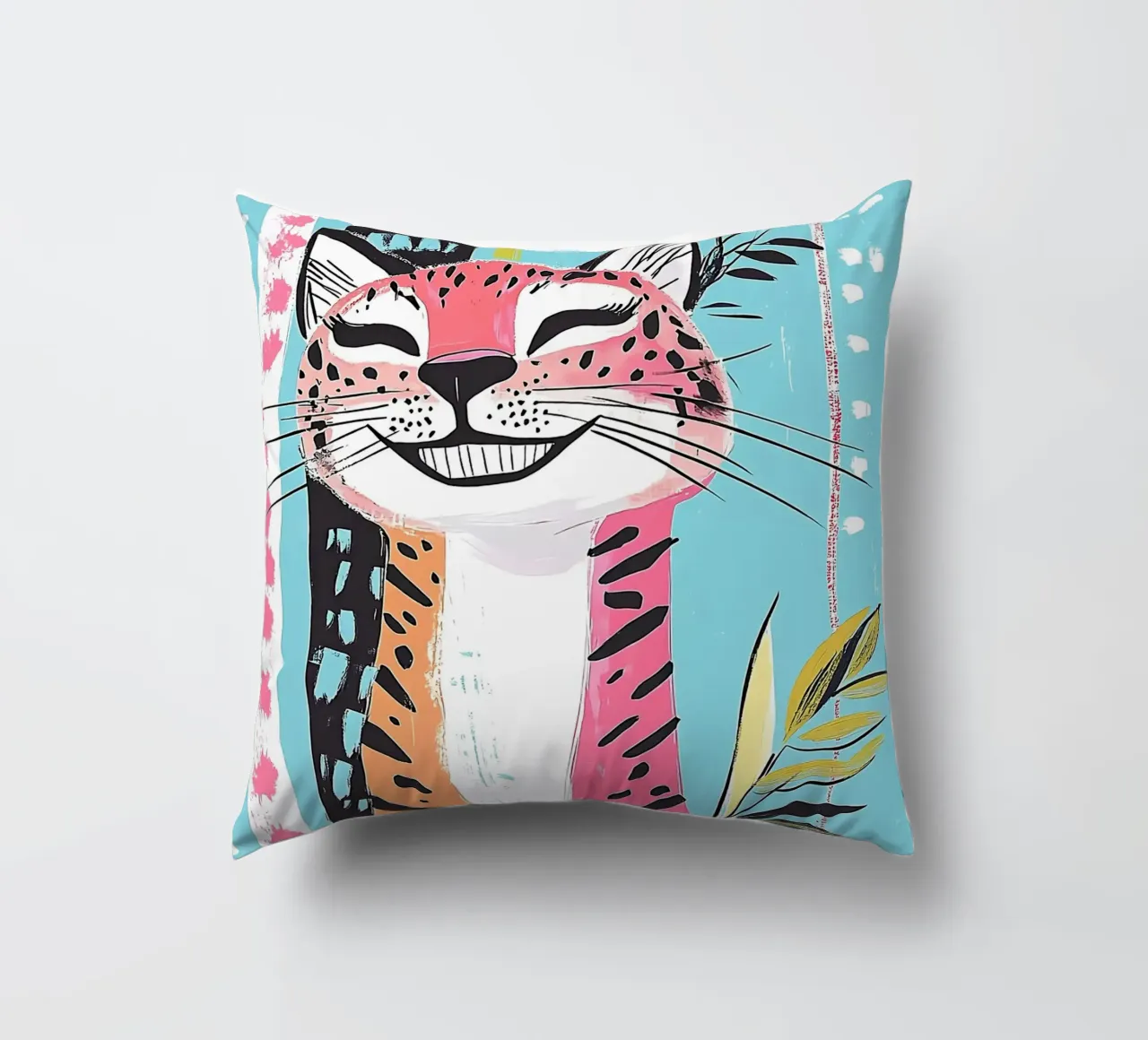 Smiling Leopard Print Cat decorative cushion by Damion Francis