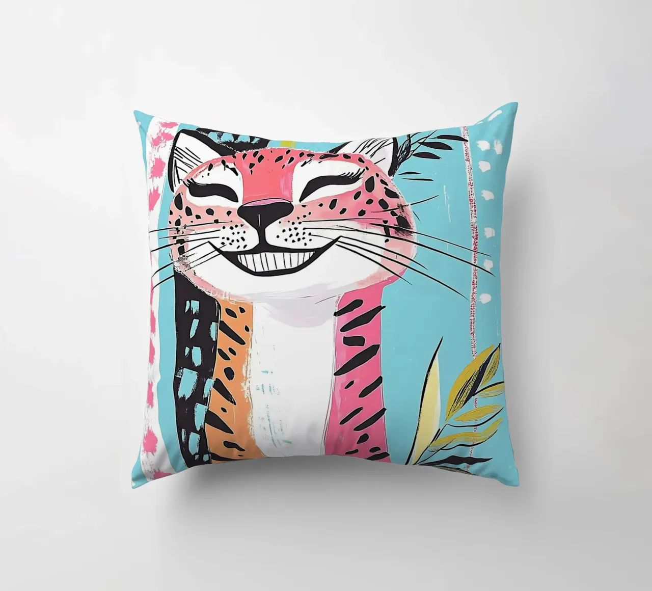 Smiling Leopard Print Cat decorative cushion by Damion Francis