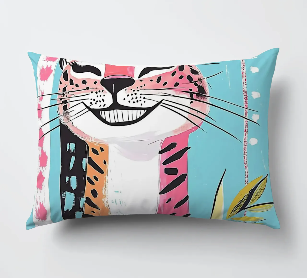 Smiling Leopard Print Cat decorative cushion by Damion Francis