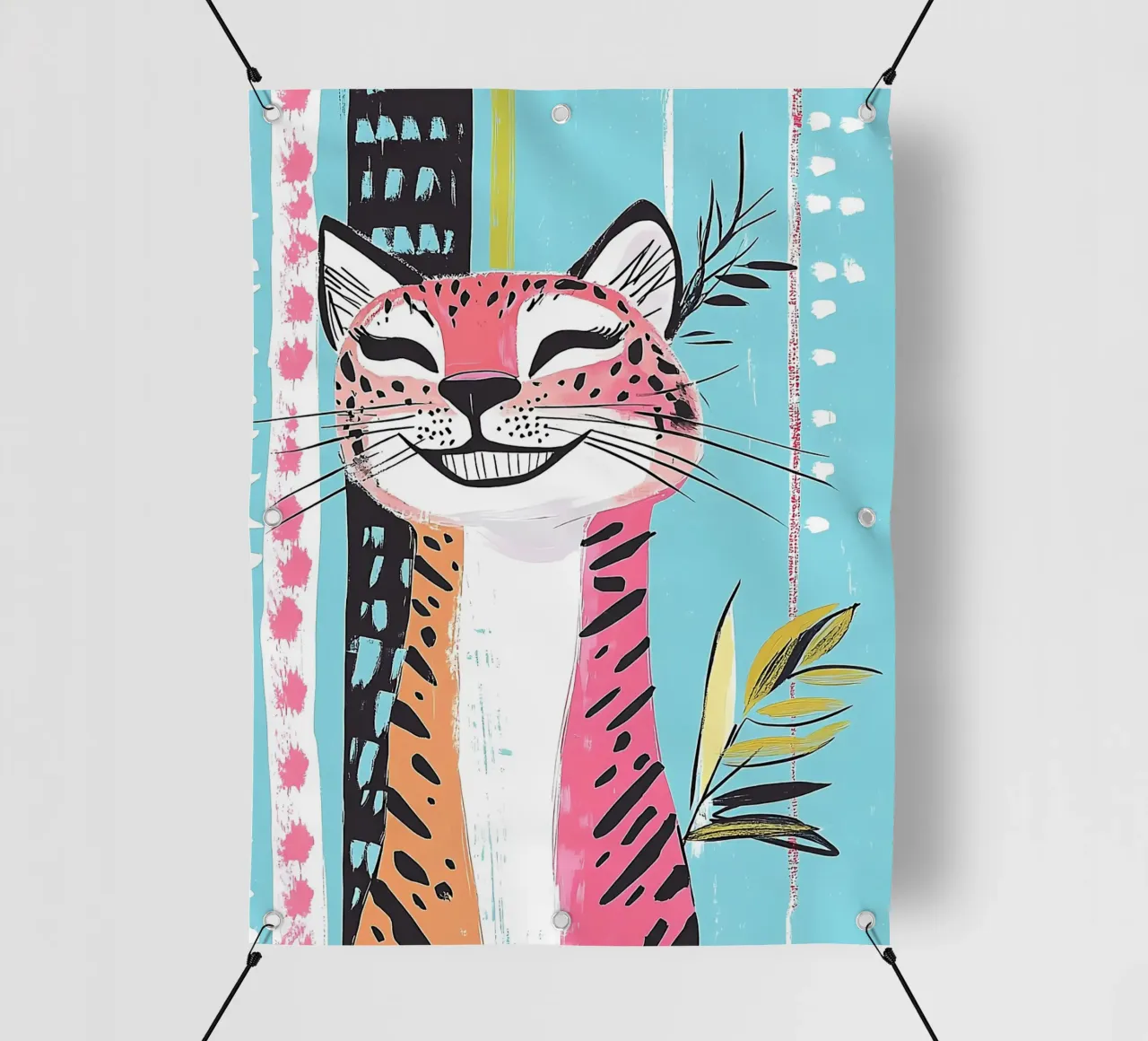 Gatto sorridente con stampa leopardata telo in pvc da Damion Francis