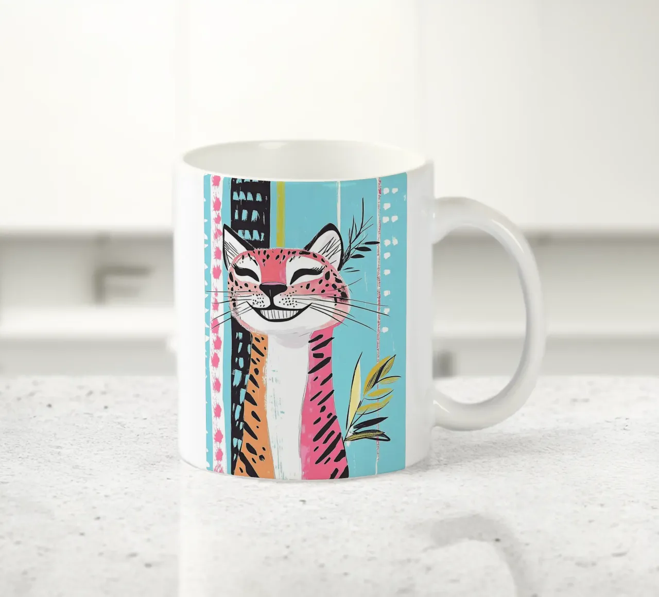 Gatto sorridente con stampa leopardata tazza in ceramica da Damion Francis