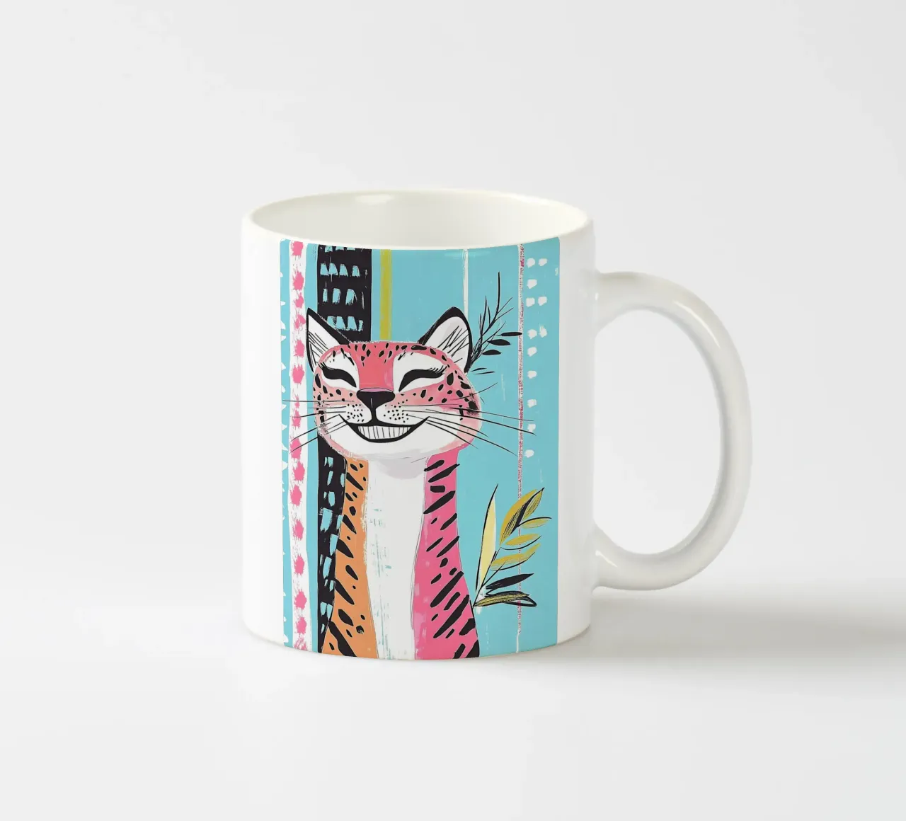 Gatto sorridente con stampa leopardata tazza in ceramica da Damion Francis