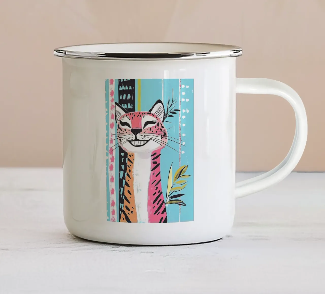 Lachende kat met luipaardprint emaille mok van Damion Francis