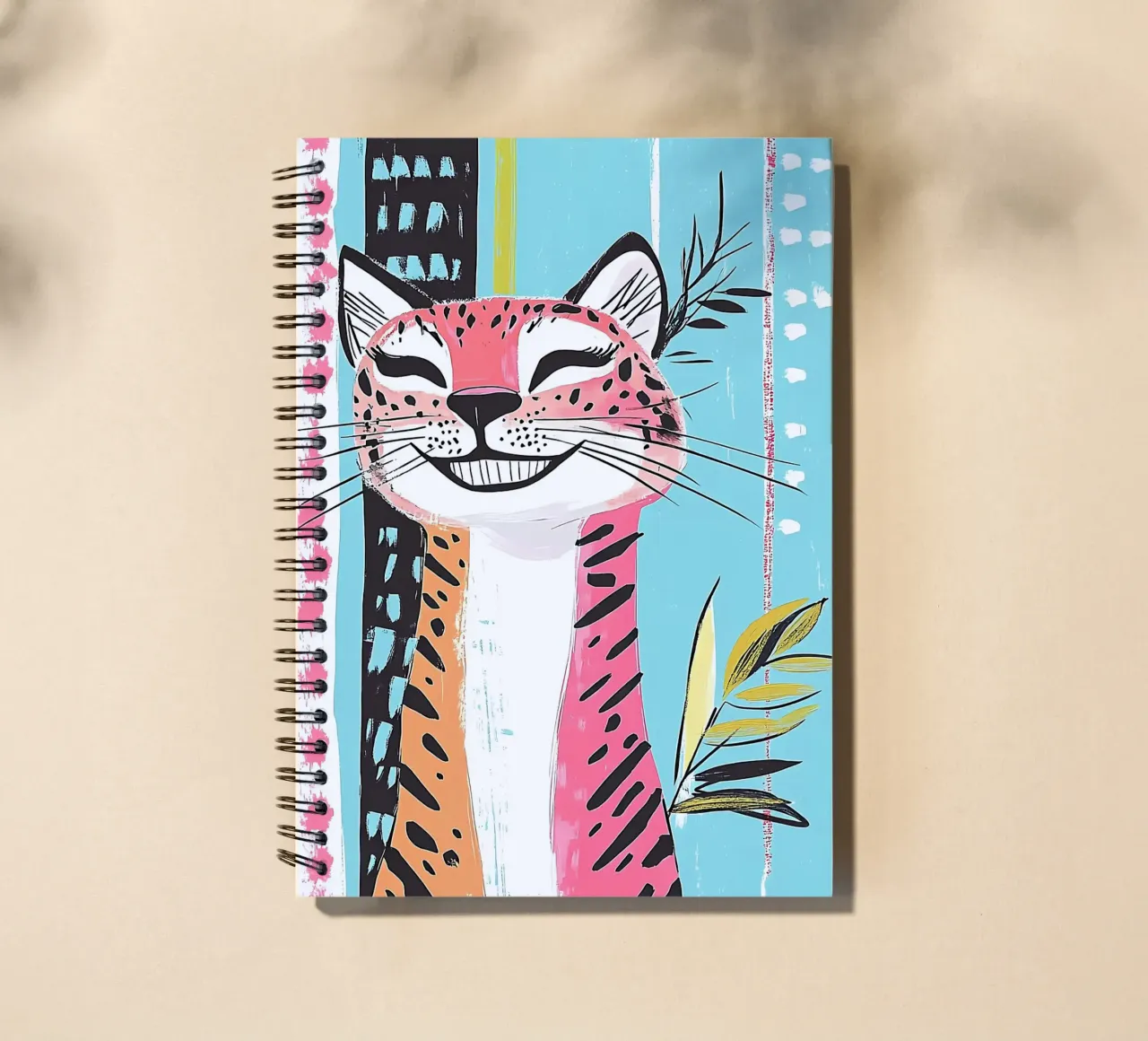 Smiling Leopard Print Cat spiral notebook by Damion Francis