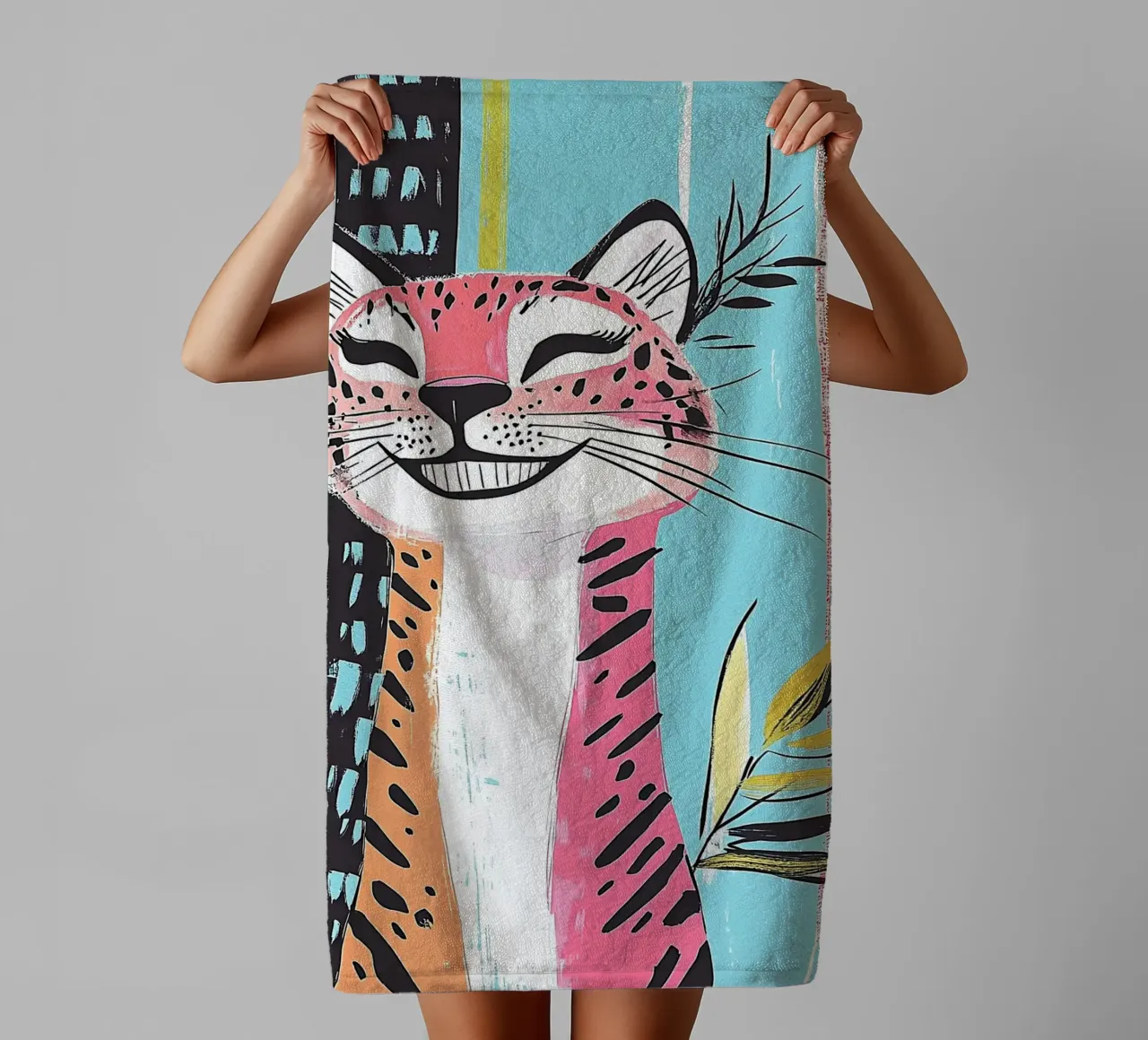 Smiling Leopard Print Cat towel by Damion Francis